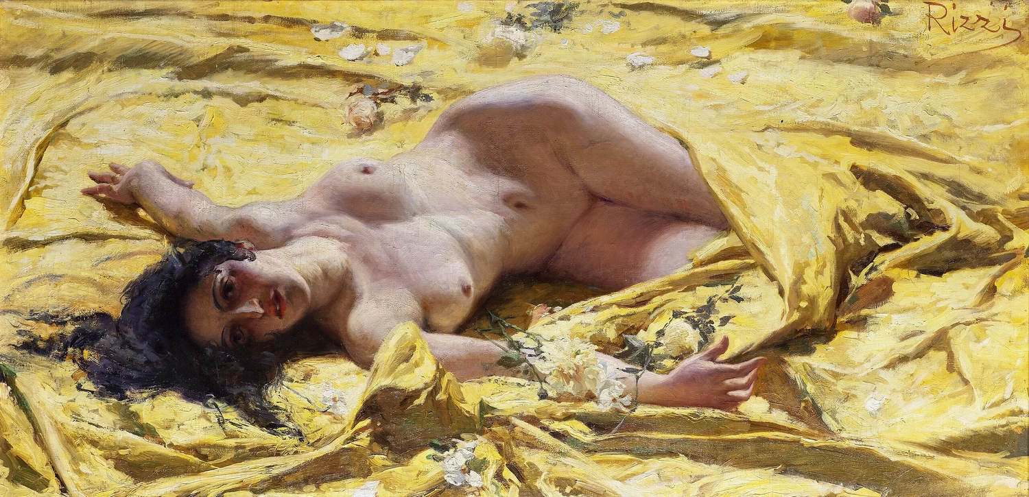 Donna nuda su lenzuola gialle